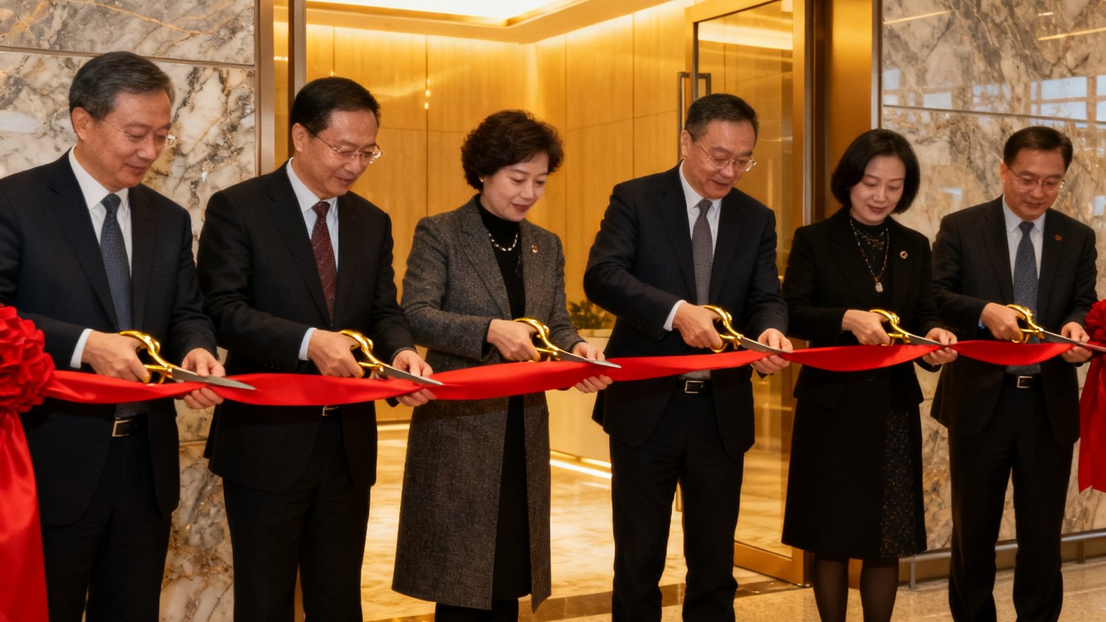 成都天府国际机场PA贵宾厅新厅开业剪彩仪式，多位嘉宾手持金色剪刀站在红绸前，背景是崭新的贵宾厅入口，暖金色灯光映照大理石墙面