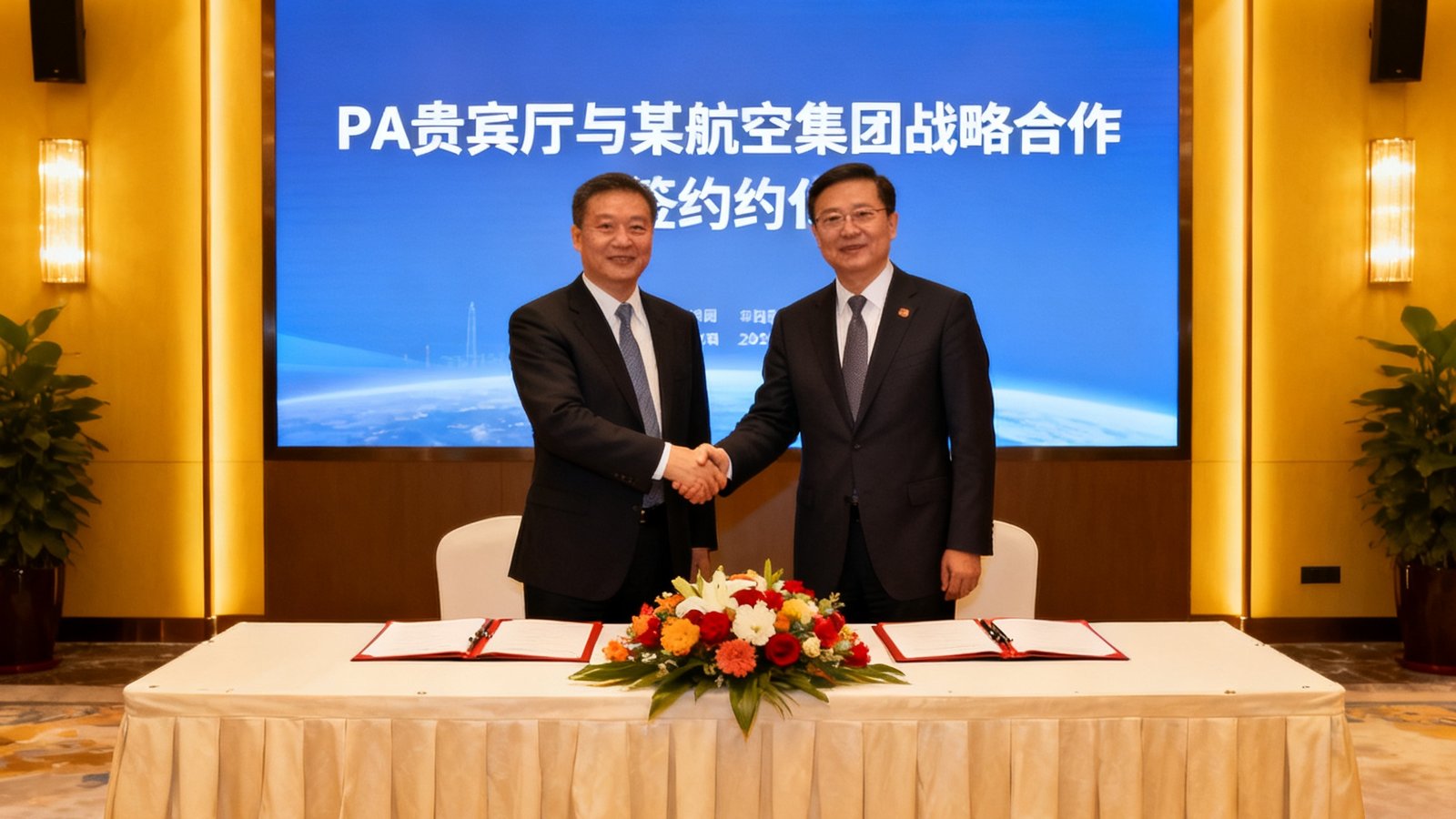 PA贵宾厅与某航空集团战略合作签约仪式现场，双方代表在签约台前握手合影，背景显示屏显示合作主题，桌上摆放着签约文件和鲜花