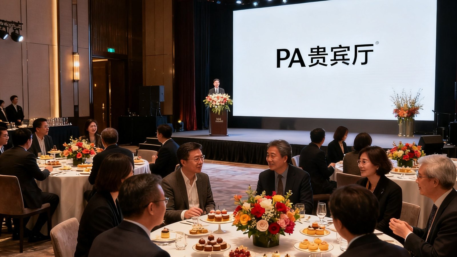 PA贵宾厅年度客户答谢活动在北京瑰丽酒店举行，宾客们在优雅的宴会厅内交流畅谈，桌上摆放着精美点心和鲜花装饰，舞台背景为PA贵宾厅品牌标识