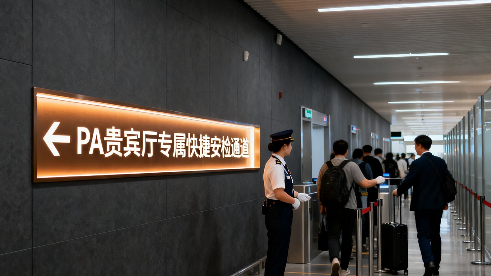 PA贵宾厅专属快捷安检通道入口，深灰色通道墙面嵌入暖色灯光指示牌，身着制服的工作人员正在引导商务旅客快速通过安检区域